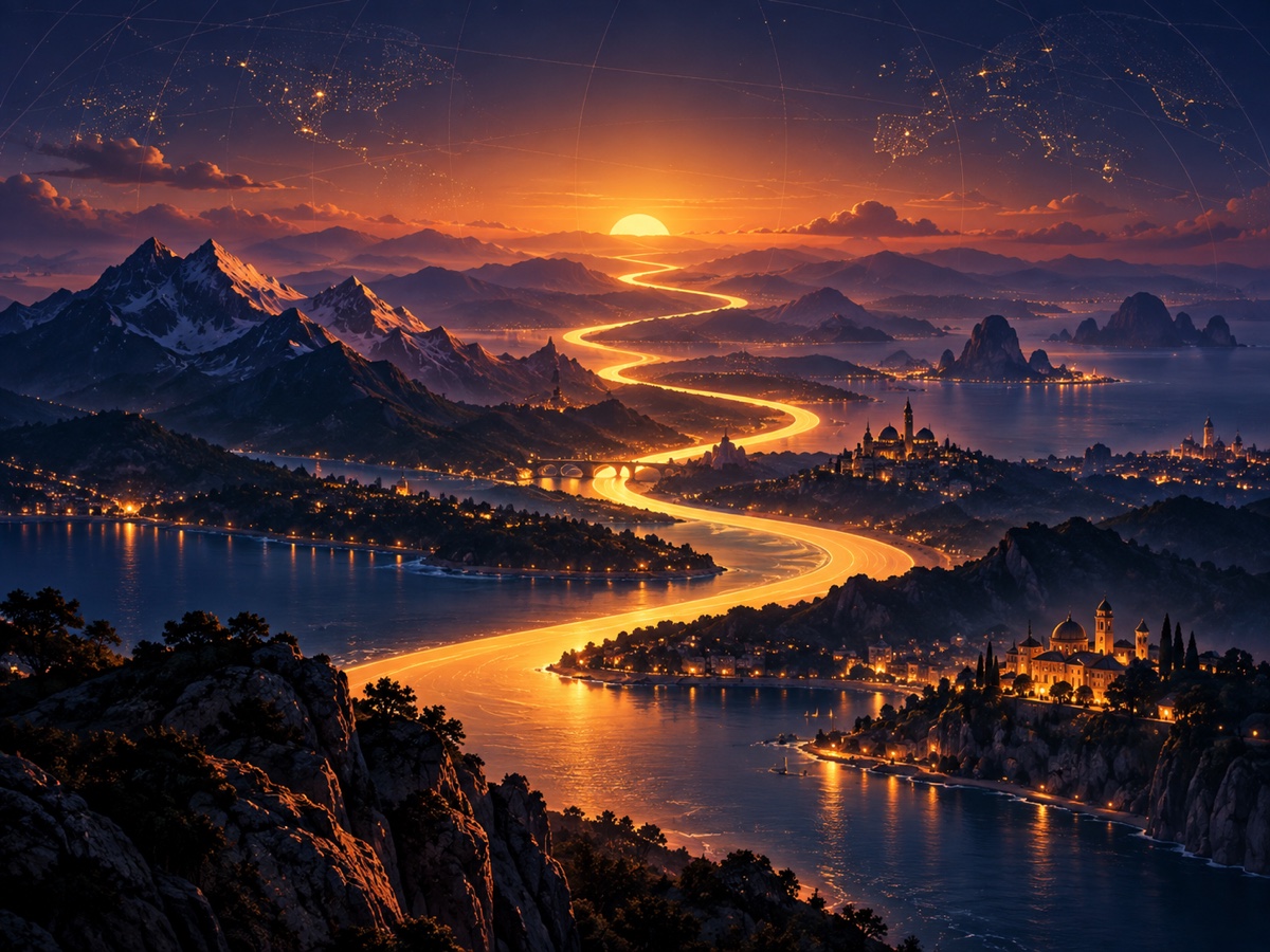 A luminous journey crossing landscapes and cities at sunset