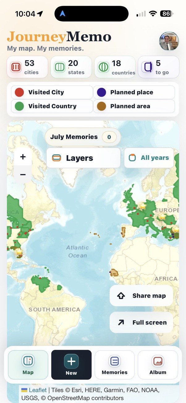 JourneyMemo Map — 53 cities, 20 states, 18 countries